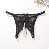 Lace G-String Thong with Pearls Ball Crotchless Briefs Panty