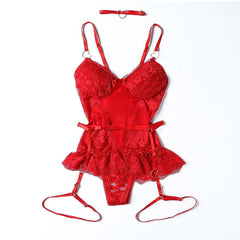 Lace Bustier Lingerie One Piece Lace Up Teddy Molded Cup Bodysuit with Garter Belt