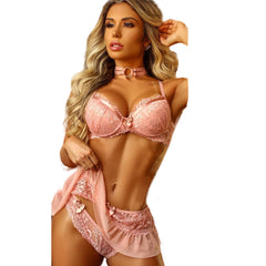 Scallop Lace Bra Set Embroidery Floral 3 Piece Wedding Lingerie Set