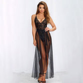 See Through Long Lingerie Dress Backless Bodysuit with Sheer Skirt Deep V-neck Lace Maxi Dress