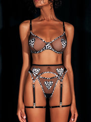 Cow Print Heart Garter Bra Set