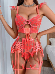 Floral Embroidered Lace Up Bra Set