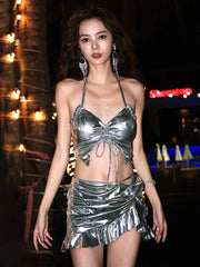 3 Piece Silver Metallic Skirt Set