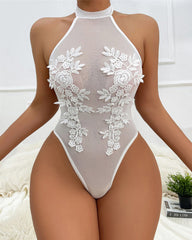 Halter-neck Sleeveless Sheer Water-soluble Floral Embroidery Lingerie Bodysuit