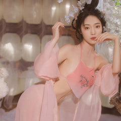 Vintage Chinese Lingerie Set Sheer Chiffon Robe Halter Cami Top and Panty Hanfu Costume