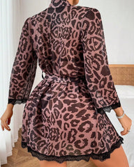 Leopard Print Mesh Halter Bikini and Robe Set