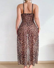 Leopard Print See-through High-slit Camisole Nightgown Set