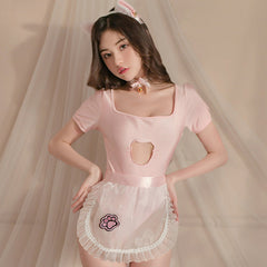 Anime Neko Maid Lingerie Set Kawaii Kitten Cat Cosplay Costume Pink Open Crotch Bodysuit