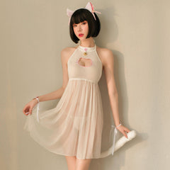 Cat Lingerie Set Japanese Animal Cosplay Costume Sheer Mesh Badydoll Dress