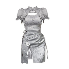 Grey Chinese Dresses Cut Out Short Sleeve Slim Fit Cheongsam Dress