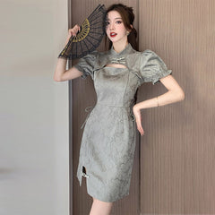 Grey Chinese Dresses Cut Out Short Sleeve Slim Fit Cheongsam Dress