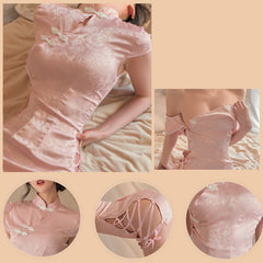 Pink Jacquard Cheongsam Babydoll Dress Side Lace-Up Chinese Qipao Dress