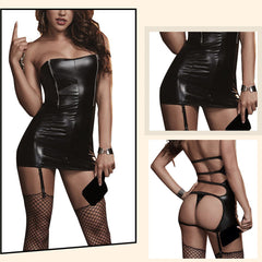 Plus Size Open Butt Latex Mini Dress Backless Lingerie Dress Black Strapless Party Clubwear