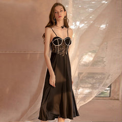 Satin Babydoll Dress Padded Cup Lace Nightgown for Women Negligee Midi Dress