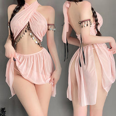 Exotic Lingerie Set Criss Cross Halter Crop Top and Slit Mini Skirt Lingerie Set