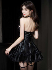 Latex Mini Dresses Black Strapless Wet Look Party Dress with Lace Trim