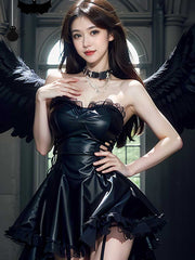 Latex Mini Dresses Black Strapless Wet Look Party Dress with Lace Trim