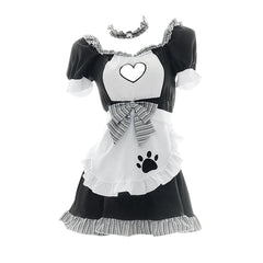 French Maid Costume Ruffle Trim Maid Fancy Dress Cat Paw Print Waitress Roleplay Uniform