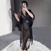 Mesh Kimono Robe V Neck Long Yukata Anime Lingerie Set