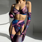 Galaxy Lingerie Set Sheer Mesh 5 Piece Tie Dye Garter Lingerie Set