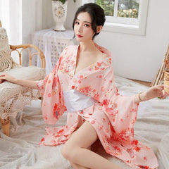 Traditional Japanese Kimono Robe Floral Printed Long Yukata Costumes Pajamas