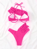 3 Colors Irregular Falbala Halterneck Bikini Swimsuit