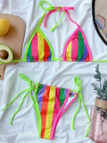 Rainbow Striped Halterneck Triangles Tie Side Bikini Swimwear
