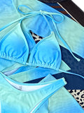 Blue Gradient Halterneck Bikini Swimsuit &Cover-Up Four-Piece Set
