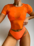 Spaghetti-Neck Solid Color Split Bikini Swimsuit+Cover-Up Three-Piece Set