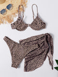 Spaghetti-Neck Leopard Split Bikini Swimsuit+Cover-Up Three-Piece Set