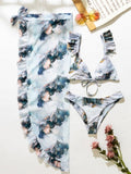 3pieces Tie-dye Flounces Bikini Swimsuit & Cover Up Skirt Aosig