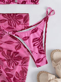 Floral Print Hollow Backless Bikini Swimwear+Cover-Up Three-Piece Set