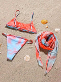 Tie-Dyed Spaghetti-Neck Split Bikini Swimsuit+Cover-Up Three-Piece Set