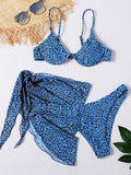 Spaghetti-Neck Leopard Split Bikini Swimsuit+Cover-Up Three-Piece Set