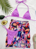 Halterneck Triangles Split Bikini Swimsuit+Coloful Cover-Up Three-Piece Set