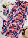 Halterneck Triangles Split Bikini Swimsuit+Long Cover-Ups Three-Piece Set