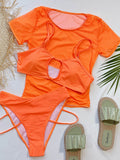 Spaghetti-Neck Solid Color Split Bikini Swimsuit+Cover-Up Three-Piece Set