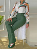 Casual Print Stand Collar Long Sleeve Shirt Top Wide Leg Pants Two Piece Set