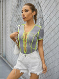 Contrast Line Chest Tie Cutout Ribbed Short Sleeve Bodysuit Aosig