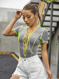 Contrast Line Chest Tie Cutout Ribbed Short Sleeve Bodysuit Aosig