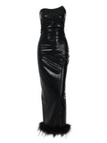 Faux Leather Strapless Fitted Frayed Slit Dress Aosig