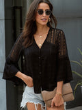 Lace Pattern Shirt Women's Trendy V-Neck Long Sleeve Crochet Print Loose Top Aosig