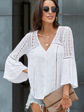 Lace Pattern Shirt Women's Trendy V-Neck Long Sleeve Crochet Print Loose Top Aosig
