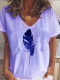Leaf Print Casual Loose V-Neck Short Sleeve T-Shirt Aosig