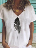 Leaf Print Casual Loose V-Neck Short Sleeve T-Shirt Aosig