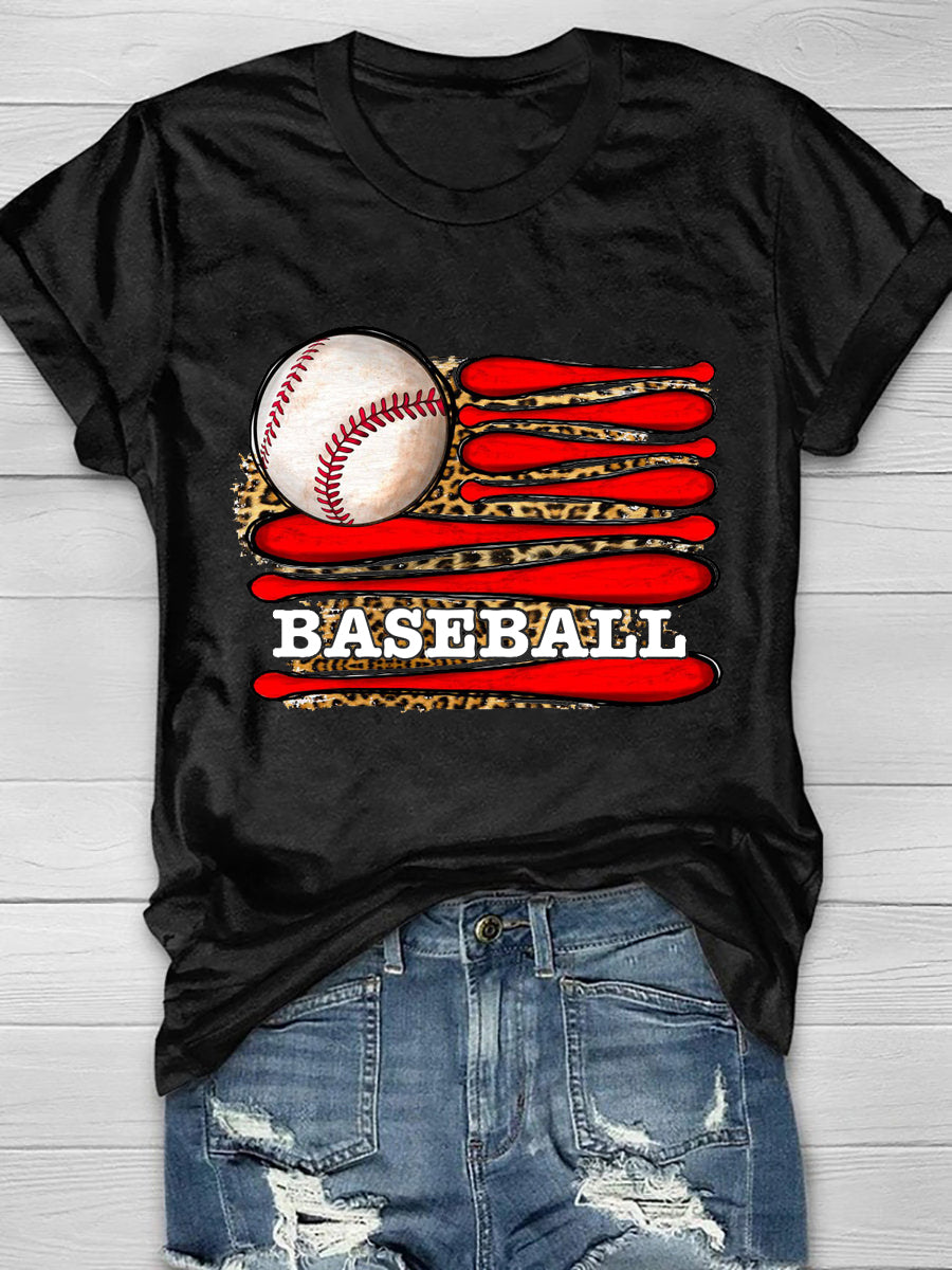 Leopard Baseball Flag Print T-Shirt Aosig