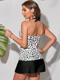 Leopard Print Halter Skirt Split Swimsuit Aosig
