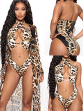 Leopard Print One Piece Long Sleeve Swimsuit Aosig