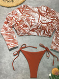 Long Sleeve Print Lace-up Bikini Swimsuit Aosig