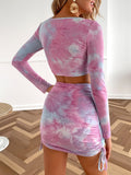Pink Print V-Neck Long Sleeve Suit Skirt Aosig